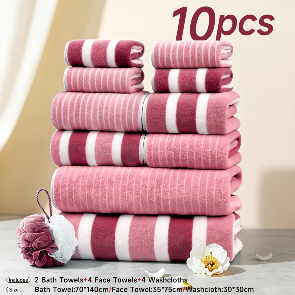 Microfiber Towel Set No Hair Loss Five-Star Hotel Standard - Ultra Soft 100% Polyester Two-Color Striped | 10pcs 3pcs 1pc | Green Brown Gray Red Blue | Bath Face Hand Towels with Bath Ball