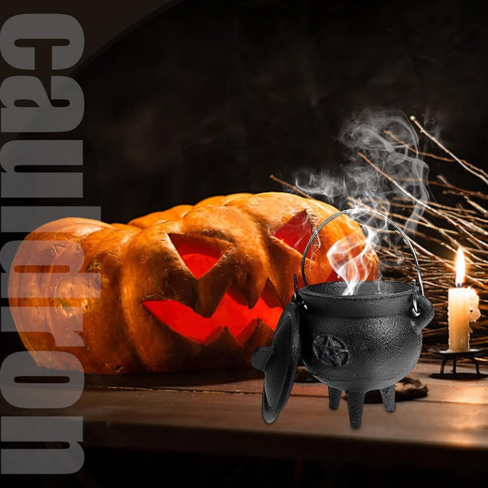 Cast Iron Cauldron with Lid & Handle ¨C Witchcraft Incense Burner, Spell Ritual Pot, Halloween Decor, Pentagram & Triple Moon Styles, Pagan Altar Cauldron