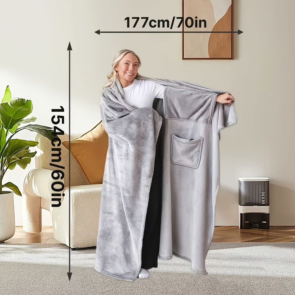 Wearable Blanket Shawl with Inner Pocket - Soft Flannel One-Piece Wrap for Adults Women Men, Cozy Sofa Travel Blanket Machine Washable, Grey Dark Blue Black