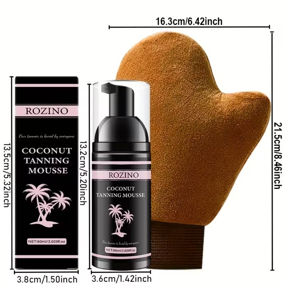 Sunless Tanning Mousse with Applicator Glove 60ml ¨C Natural Plant Ingredients Self Tanner Bronzing Set, Gradual Buildable Color for Even Light Beige Tan, Streak-Free Sunless Tanner for Body