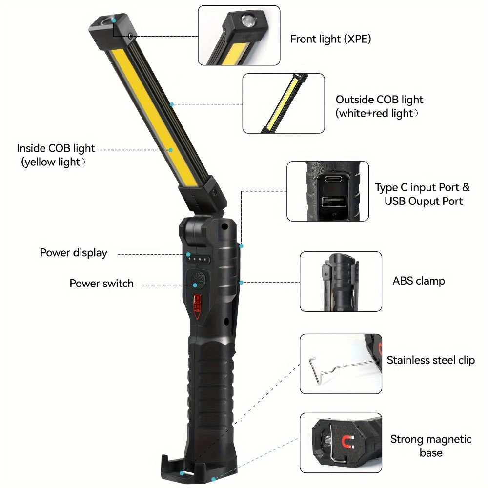 COB LED Work Light Magnetic Base Rechargeable USB 20000 Lumens 7 Modes 180¡ã Rotation Portable Hanging Flashlight with Built-in Battery Power Bank Function for Workshop Garage Car Repair 1/2/4 Pack