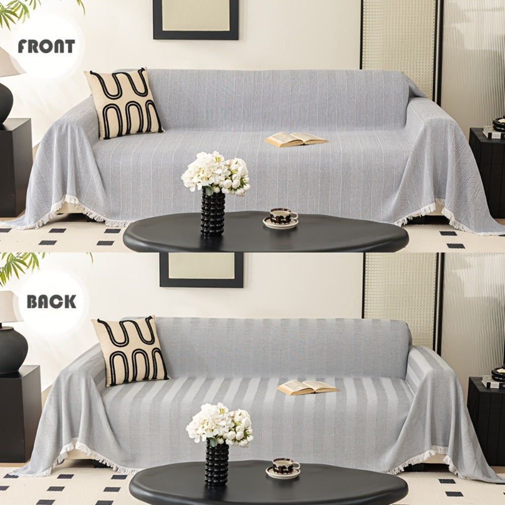 Herringbone Sofa Throw Cover with Tassels Jacquard Woven Solid Color Washable Polyester Sofa Blanket Slipcover for 3 4 Seater Couch Living Room - Grey Coffee Green Blue