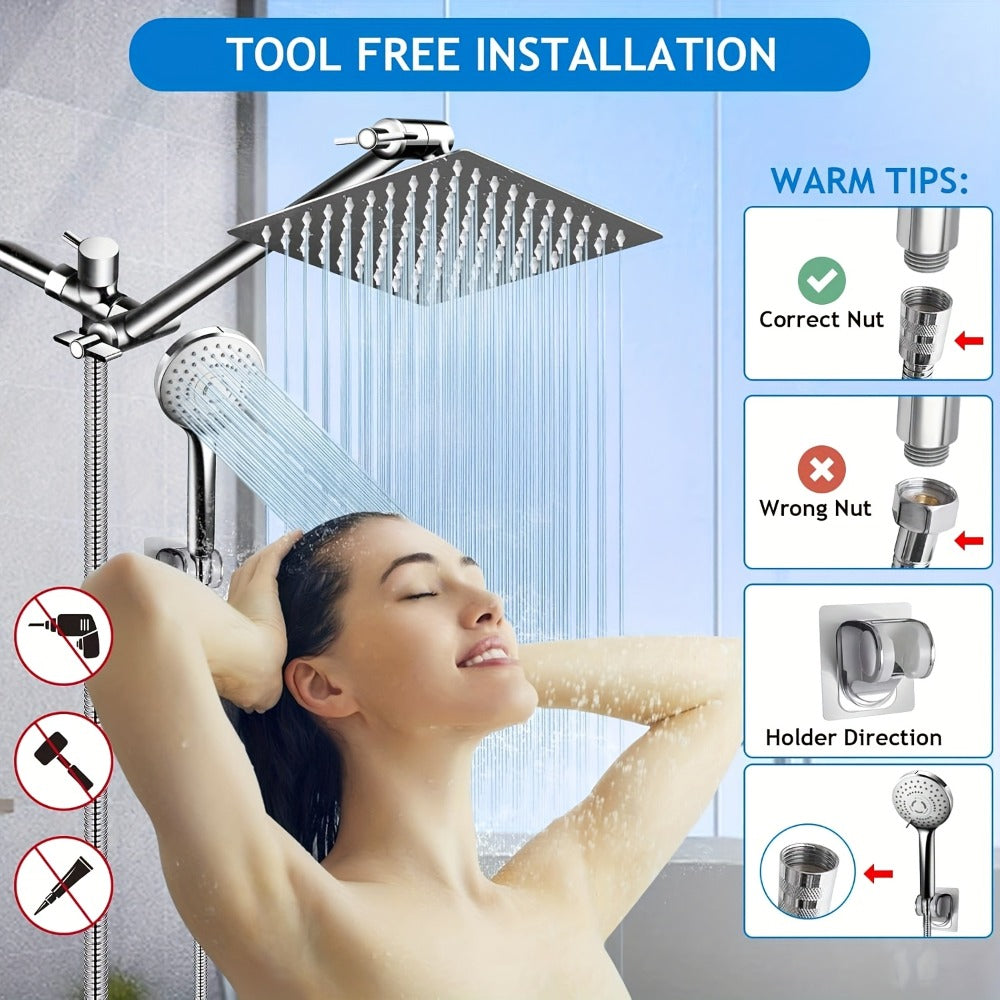 Rainfall Shower Head with Handheld Combo ¨C 8¡± High Pressure Rain Shower, 5-Setting Adjustable, Anti-Leak with 11¡± Extension Arm, Holder & Hose, Height & Angle Adjustable