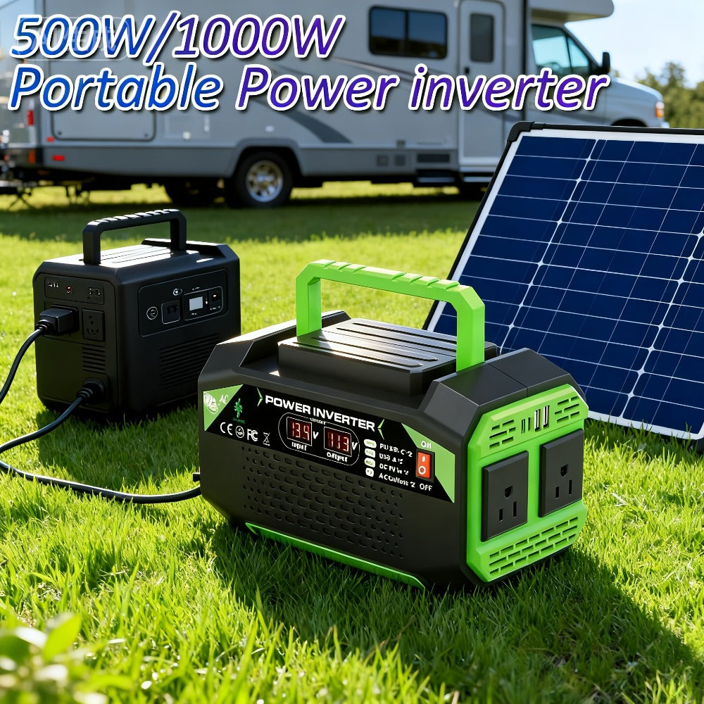 Power Inverter 500W/1000W DC 12V to AC 110V - Car Power Converter with LCD Display, 2 AC Outlets, 2 USB Ports & 2 Type-C, for Home, Car, RV, Camping & Outdoor Emergency Power