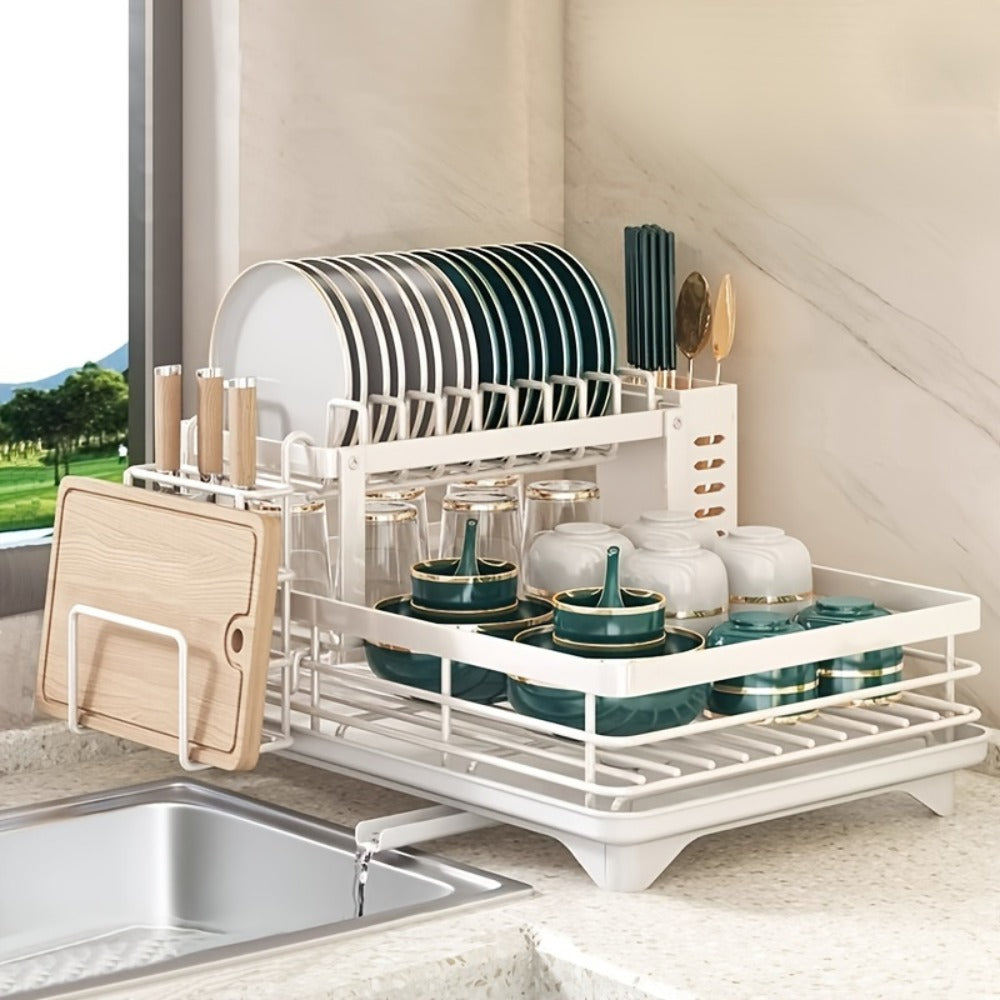 2-Tier Dish Drying Rack with Drainboard & Mat ¨C Metal Dish Rack for Kitchen Counter with Knife Fork Cup Holder