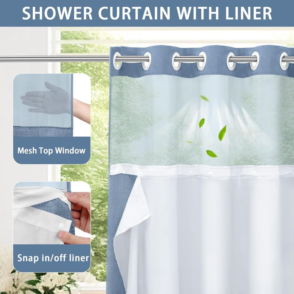 Waffle Shower Curtain with Liner Set Hookless Snap-In Double Layer Polyester Fabric Waterproof Easy Clean for Bathroom Hotel Home Decor