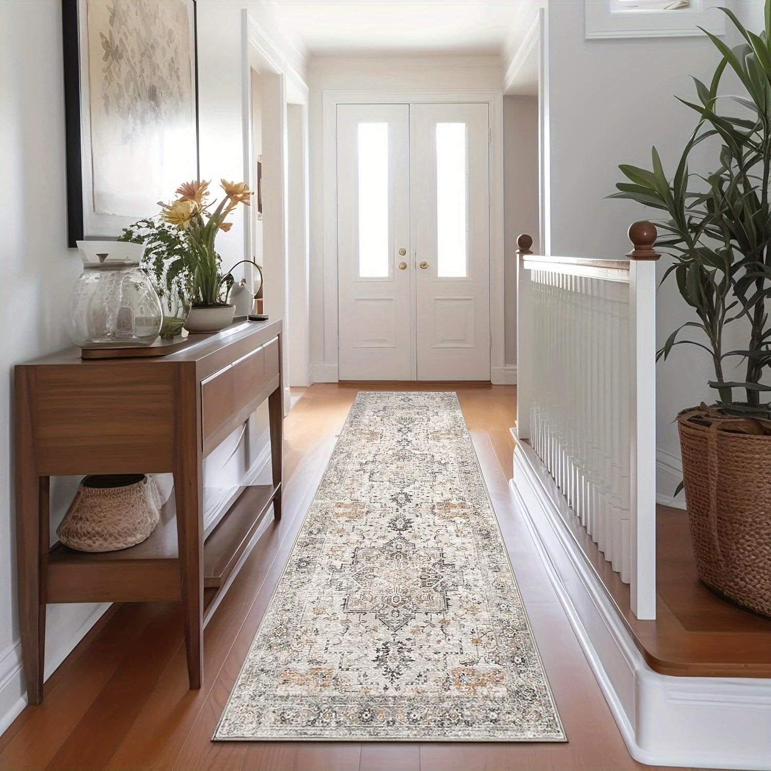 Vintage Chenille Area Rug Non-Slip Machine Washable ¨C Retro Print Lightweight Carpet for Living Room, Bedroom, Dining Area & Home Office ¨C Light Taupe Brown, 8 Sizes