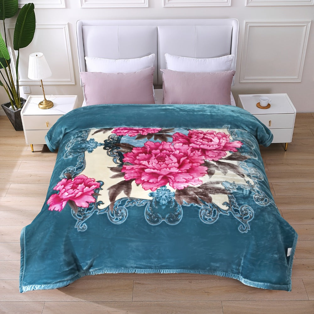 Reversible Plush Blanket 2-Ply 520GSM Milk Velvet - Soft Warm Queen King Size Blanket with Vibrant Animal & Floral Designs, All-Season Bed Couch Throw