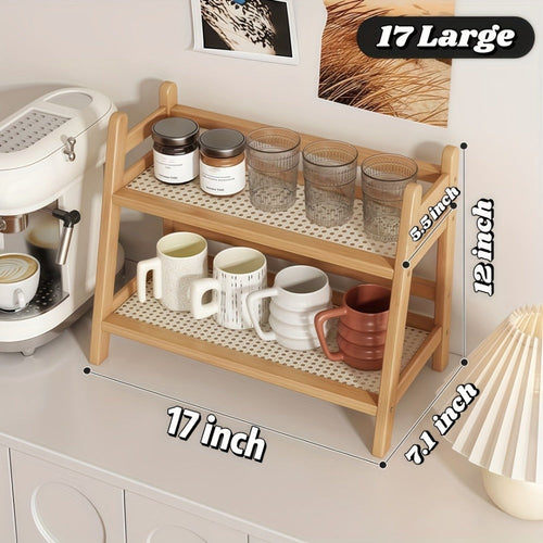 Bamboo Countertop Shelf Organizer 2-Tier - Trapezoidal Wooden Storage Rack for Kitchen Office Bedroom and Desk, Space Saving Riser Shelf for Coffee Cups Books Plants and Everyday Items, Available in Medium, Large or 2 Piece Set