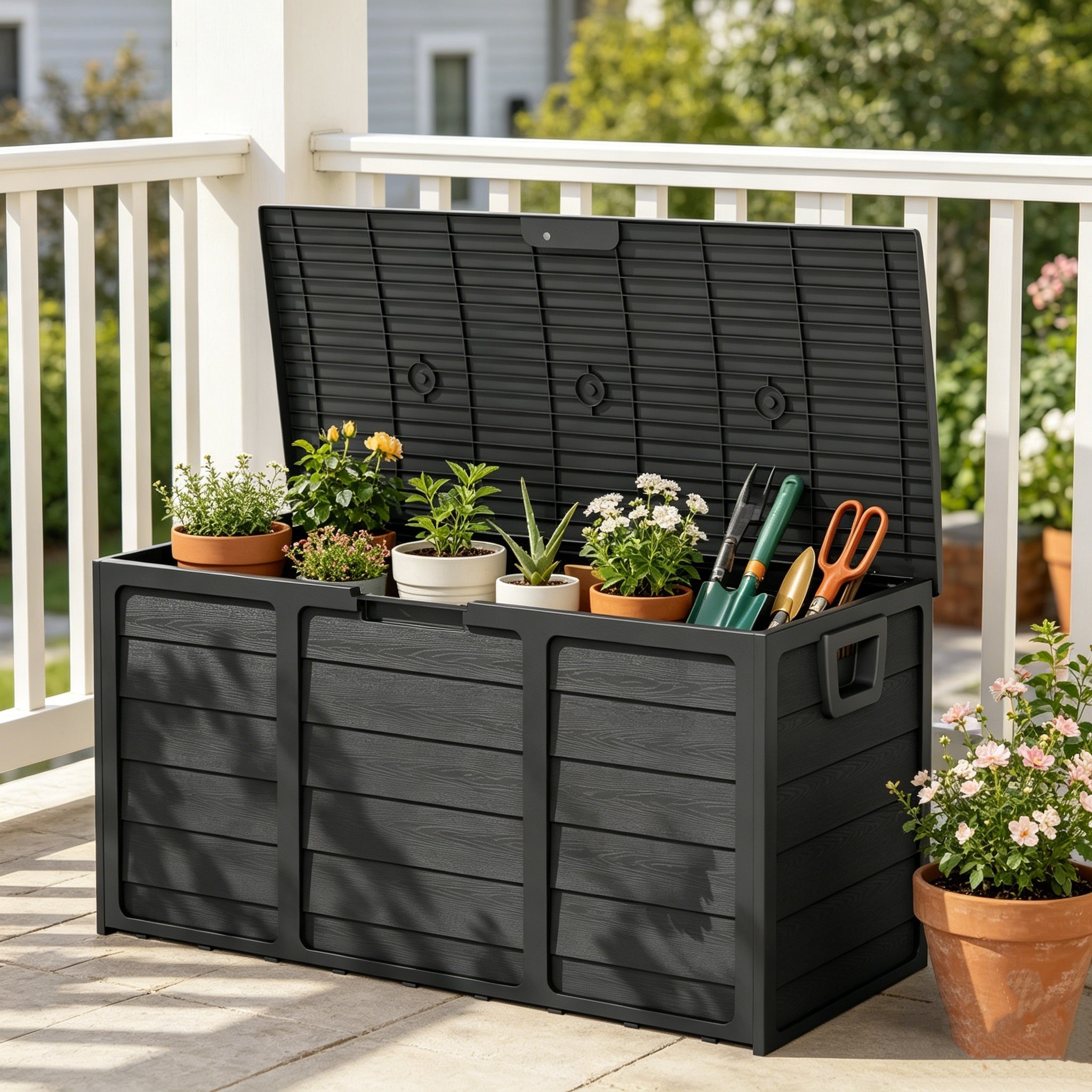 75 Gallon Outdoor Storage Box Deck Box with Handles | Large Waterproof Lockable Cabinet for Pool Accessories, Garden Tools & Camping Gear ¨C Easy Assembly Yard Storage Bin, Pure Black