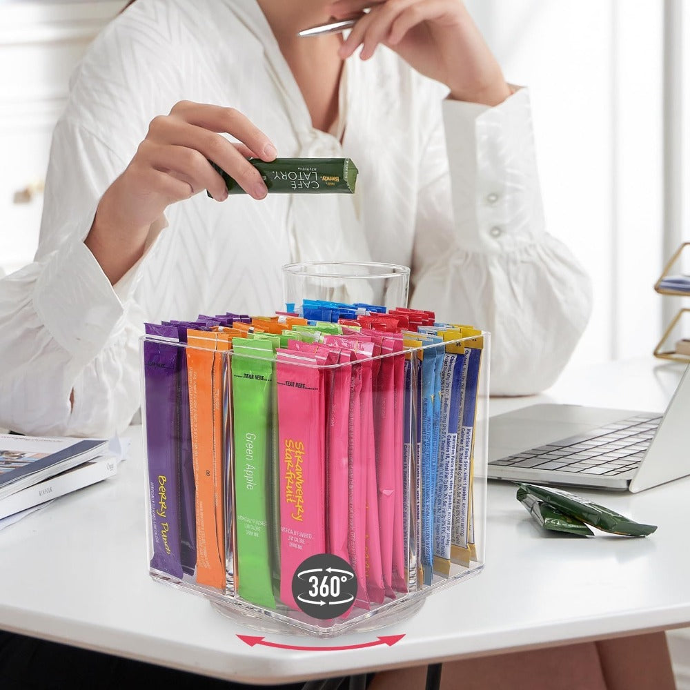 Rotating Countertop Organizer Rack for Drink Mixes, Powder Packets & Beverage Pouches - Square Lazy Susan Storage