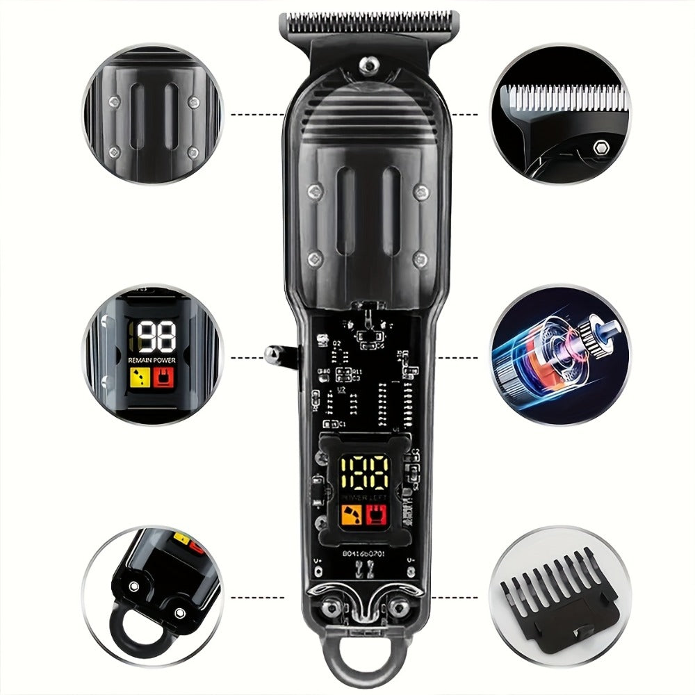Professional Hair Cutting Kit for Men - Transparent USB Rechargeable Hair Clipper with LCD Display, T-Blade Trimmer, Electric Shaver, 4 Guide Combs & Cleaning Brush - Home Barber Grooming Gift Set