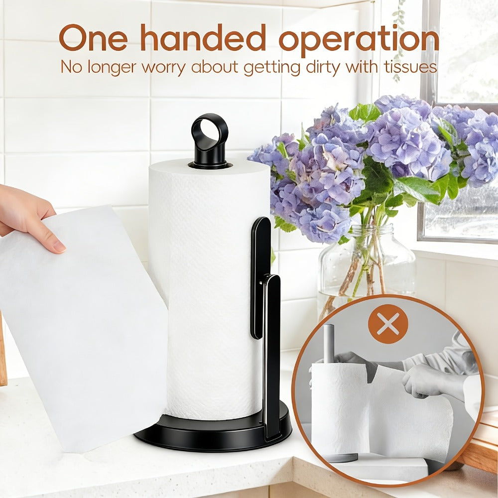 Paper Towel Holder Countertop - Stainless Steel Standing Dispenser with Tension Arm for One-Handed Tear, Modern Kitchen Roll Holder in Silver White Gold Black