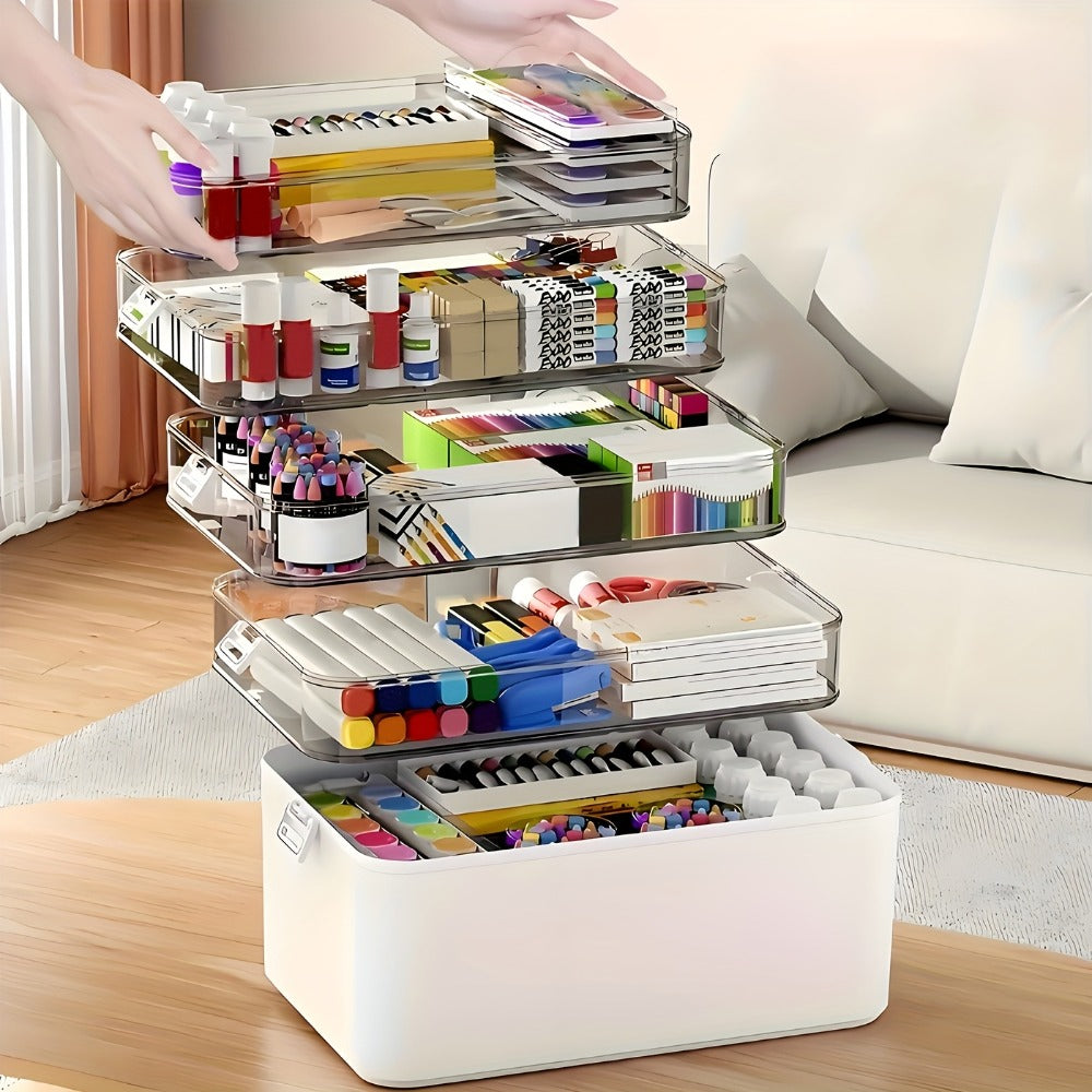 5-Tier Stackable Storage Box with Lids | Large Capacity Transparent Organizer with Handle for Home & Travel - Pill Box, Craft, Sewing, Cosmetics, Office & Bathroom Supplies, Easy to Clean, 30x16.5x31cm