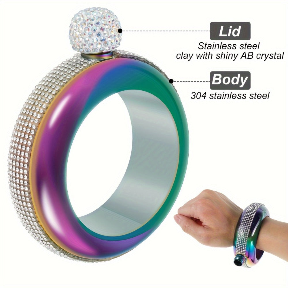 Bracelet Flask for Women, 3.5oz Stainless Steel Bangle Hidden Flask with Rhinestone Lid ¡ª Wearable Portable Liquor Flask for Parties, Concerts & Festivals | Purple, Gold, Silver