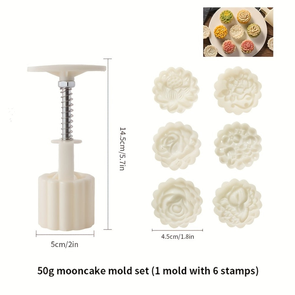 Mooncake Mold 7pcs Set, 50g Hand Press Moon Cake Maker with 6 Flower Pattern Stamps, Mid-Autumn Festival Cookie Stamp Pastry Tool, Plastic Mooncake Press Mold for DIY Baking