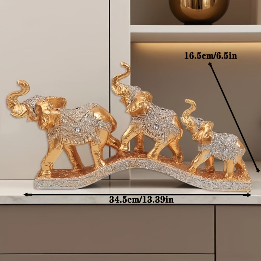 Golden Elephant Figurine Set of 3 - Lucky Elephant Statue Home Decor, Resin Elephant Family Sculpture for Living Room TV Cabinet Office Desktop, Wealth Attracting Housewarming Gift, 14 Inch
