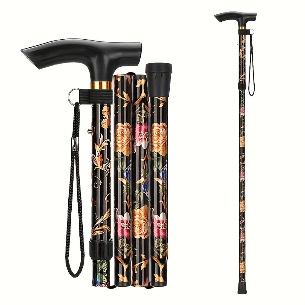 Foldable Walking Cane for Seniors Adjustable Height Folding Stick with Wrist Strap T-Handle Printed Design Portable Lightweight Mobility Aid Gift for Parents