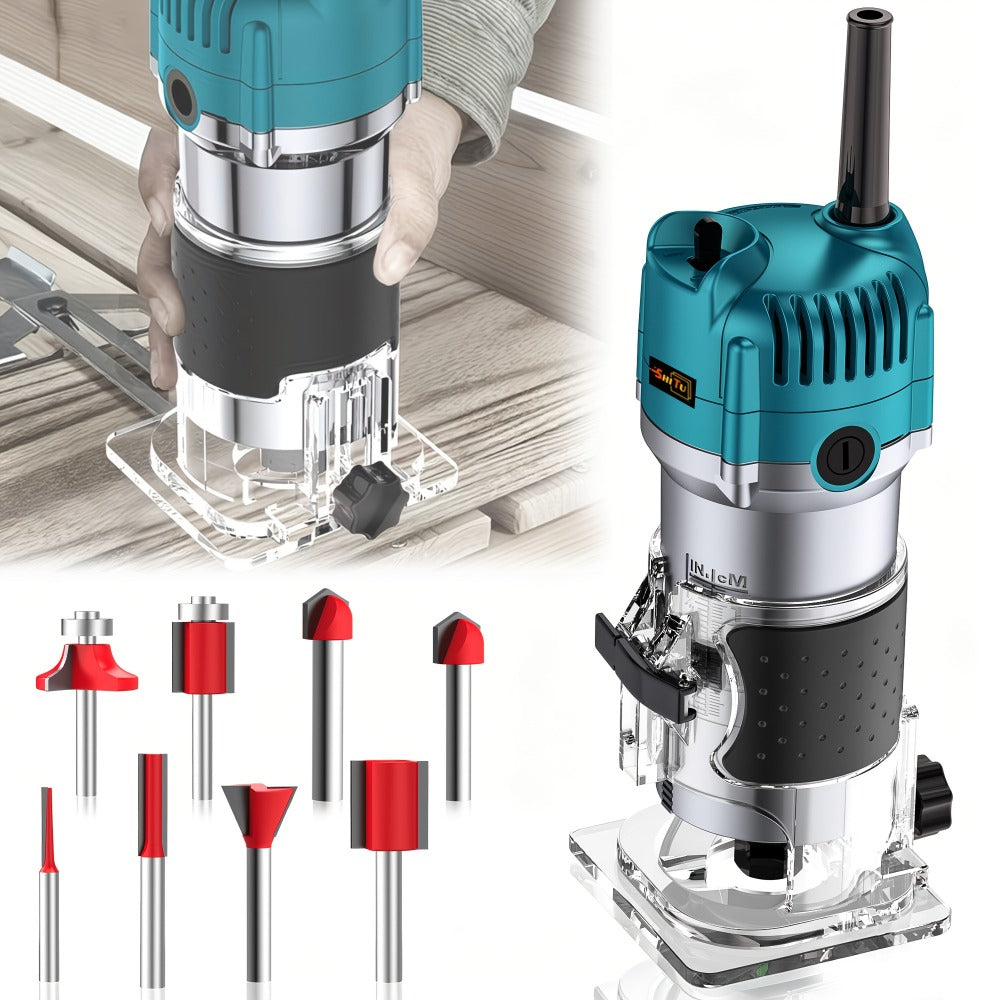 Wood Router Carving Machine Electric Trimmer ¨C Wood Slotting, Drilling & Engraving Tool with Optional 15pc Milling Cutter Set, for Woodworking, Furniture Making & DIY Crafts