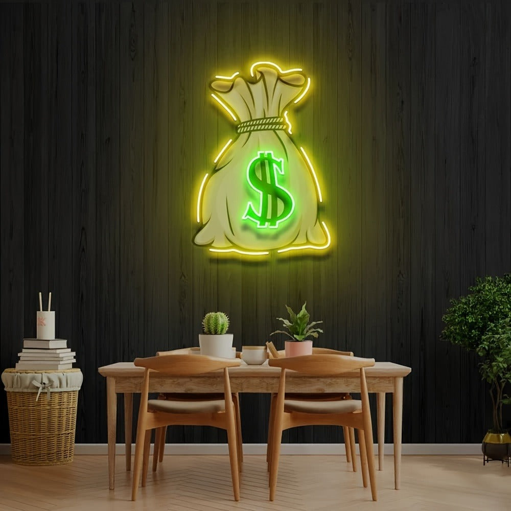 Neon Sign Money Bag LED Wall Light USB Powered Man Cave Bar Room Decor 15.75x11.81 Inch Bright Neon Light Sign for Bedroom Game Room Office Wall Decoration
