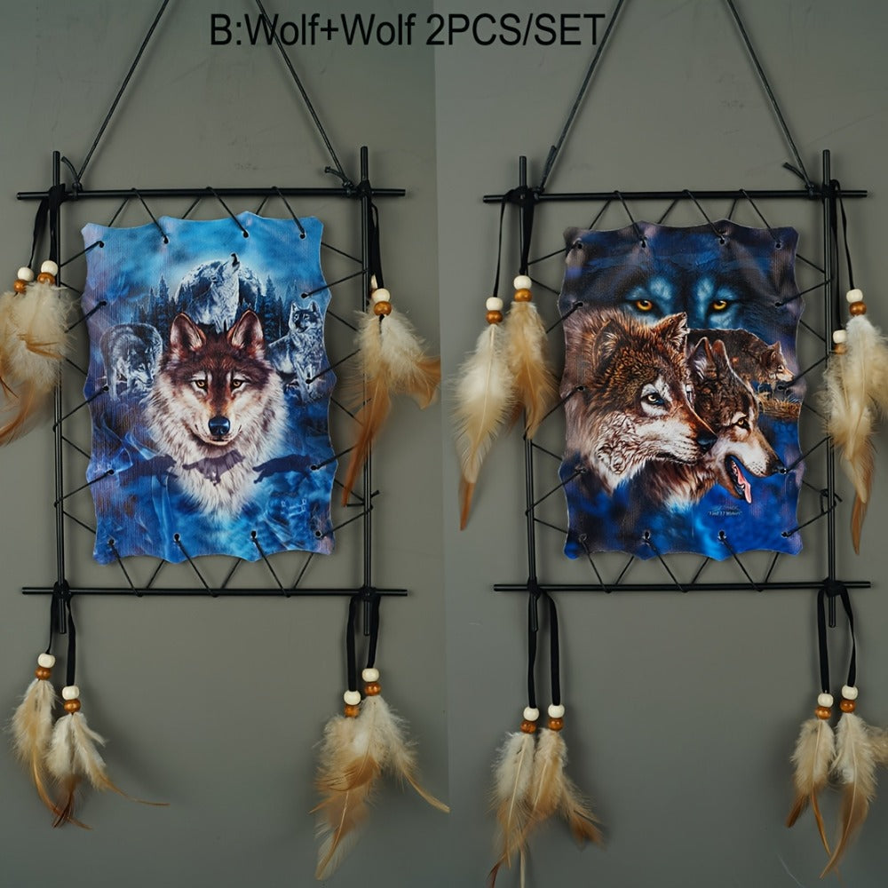 Wolf Eagle Dream Catcher Wall Art 2pcs Canvas Print Boho Native American Totem Hanging Decor with Feathers Wooden Beads Vintage Iron Frame for Living Room Bedroom Entryway TV Background