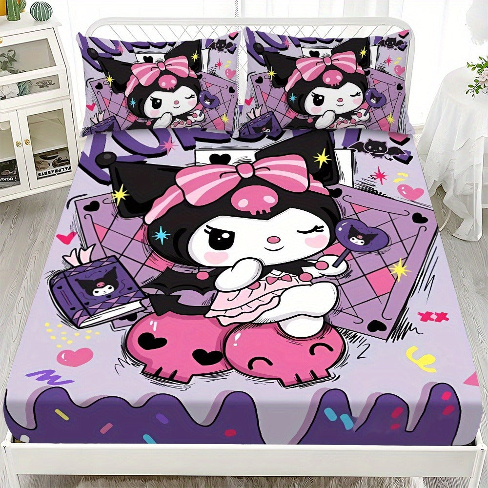 Sanrio Hello Kitty & Kuromi Bedding Set 3pcs ¨C Fitted Sheet & Pillowcases, Soft Polyester, Machine Washable, Twin Full Queen King, All-Season Bedroom Decor for Kids Girls Home Guest Room