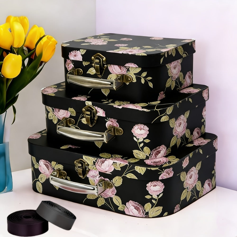 Vintage Cardboard Suitcase Set of 3 with Polka Dot Design & Lid - Decorative Storage Boxes for Wedding Party Favors Souvenirs Photos, Valentine Anniversary Christmas Gift Box