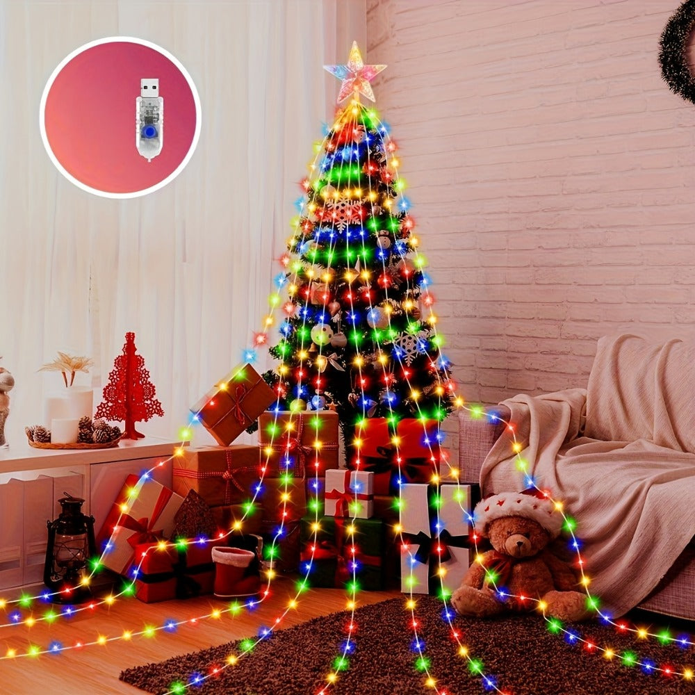 Christmas Tree Waterfall Fairy Lights 200 LED with Star Top Decoration, 8 Lighting Modes ¡ª Battery, Solar & USB Powered Indoor Outdoor Colorful Cascading Holiday Light Strip