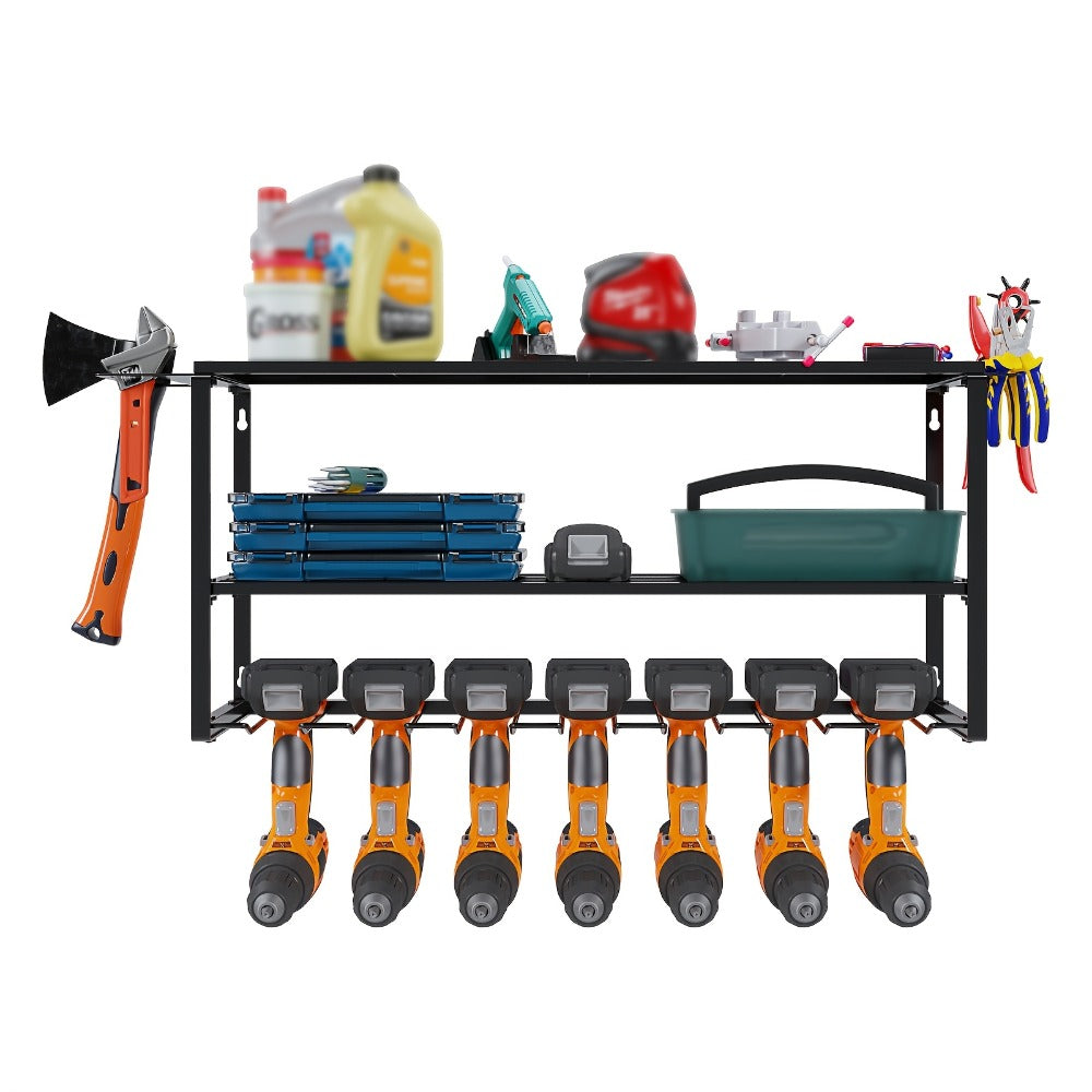 Wall Mount Power Tool Storage Rack, Heavy-Duty 150 Lb Steel 3-Tier & 4-Tier Garage Tool Organizer with 7 Bit Holders ¨C Workshop Shed Basement Wall Storage