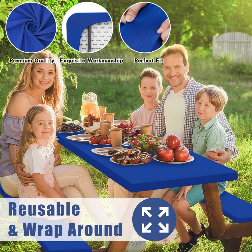 Stretch Table Covers 6Ft Washable Elastic Rectangle Tablecloth for Parties Weddings Picnics Camping, Spandex Polyester Blend, Fits Standard 6 Foot Tables, Set of 3 6 9 or 12, Black White Blue