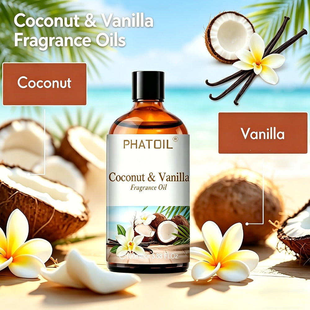 Fragrance Oil for Diffuser - PHATOIL 100ml Coconut & Vanilla Scented Oil for Humidifier, Candle Making, Soap, Aromatherapy, Reed Diffuser, Home & Office Air Freshener, Long Lasting Scent