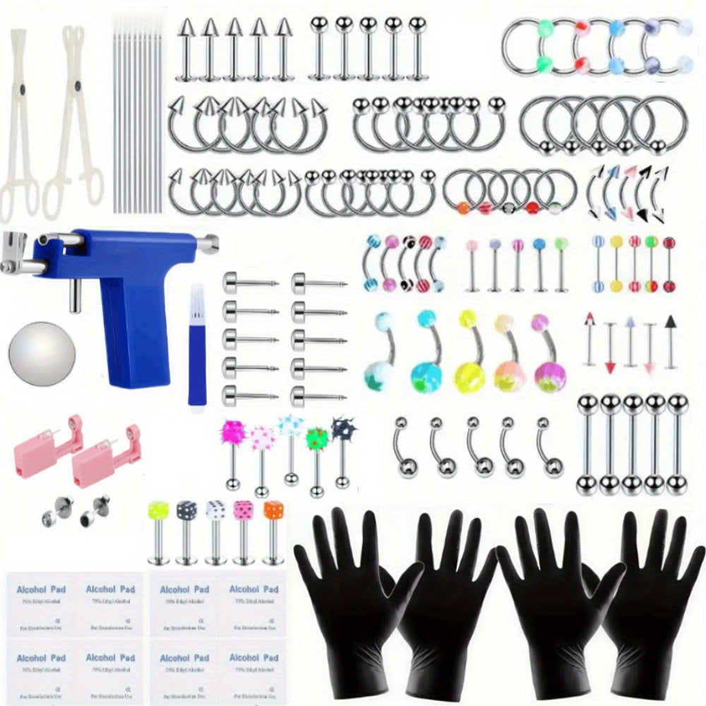 160pcs Body Piercing Kit with Piercing Gun ¨C Professional Jewelry Set for Ear, Nose, Lip & Belly with Stainless Steel & Acrylic Studs, Rings & DIY Piercing Tools
