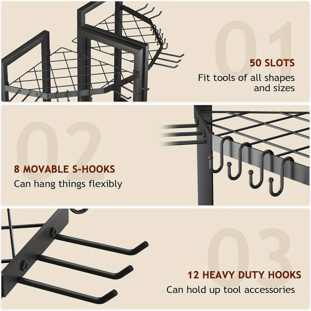 Wall Mount Tool Organizer Rack - Heavy Duty Metal Garden Tool Storage with Hooks for Shovels, Rakes & Long-Handled Tools | Garage, Shed & Backyard Corner Utility Storage