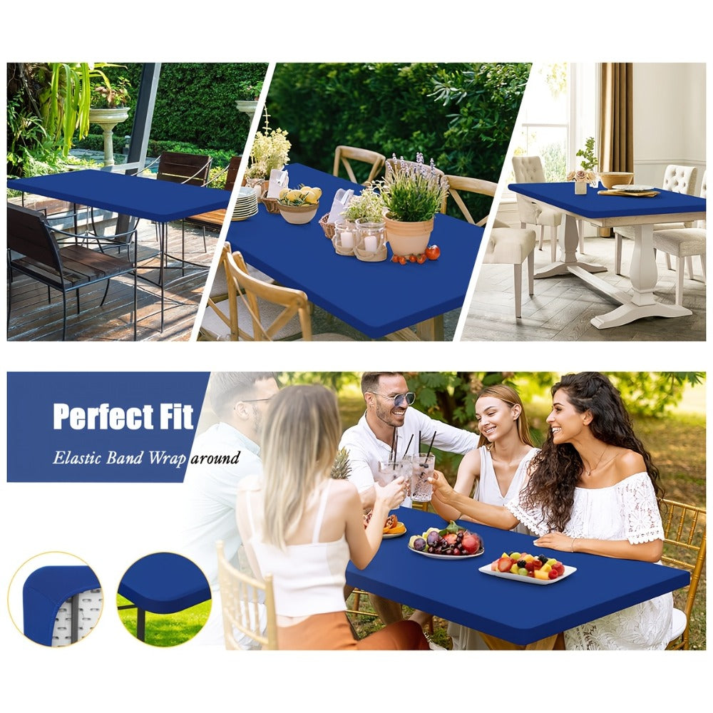 Stretch Table Covers 6Ft Washable Elastic Rectangle Tablecloth for Parties Weddings Picnics Camping, Spandex Polyester Blend, Fits Standard 6 Foot Tables, Set of 3 6 9 or 12, Black White Blue