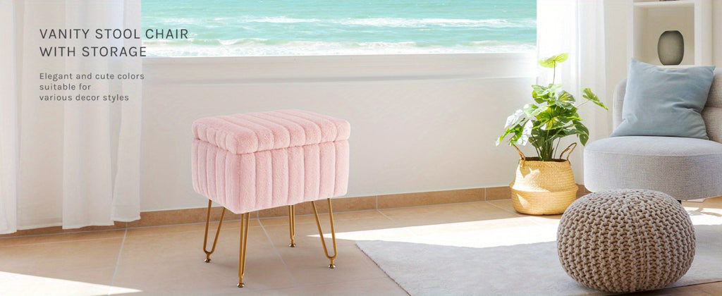 Faux Fur Storage Ottoman Stool ¨C Soft Furry Vanity Seat with Storage, 4 Metal Legs & Non-Slip Feet ¨C Cute Modern Multi-Function Chair for Bedroom, Vanity & Living Room