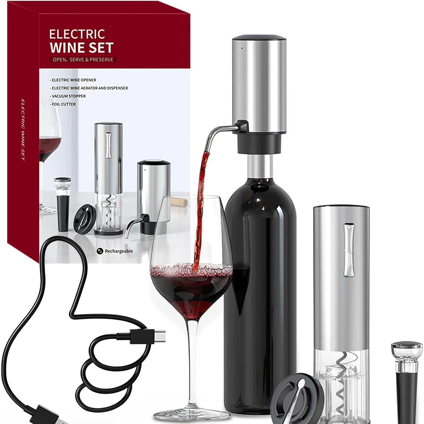 Electric Wine Opener Gift Set 7-in-1 Rechargeable Automatic Corkscrew Stainless Steel with Aerator Pourer Vacuum Stoppers Foil Cutter Storage Base