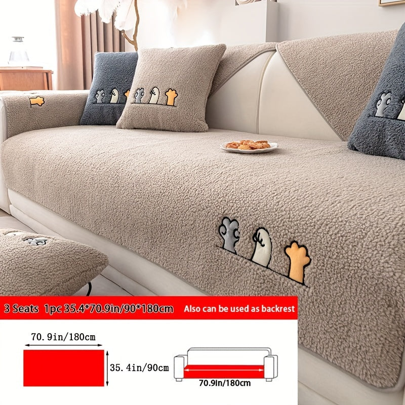 Plush Shearling Sofa Cover Non-Slip Pet-Friendly Couch Protector Animal Bone Embroidery Soft Warm for Living Room Bedroom Office 2 3 4 Seater