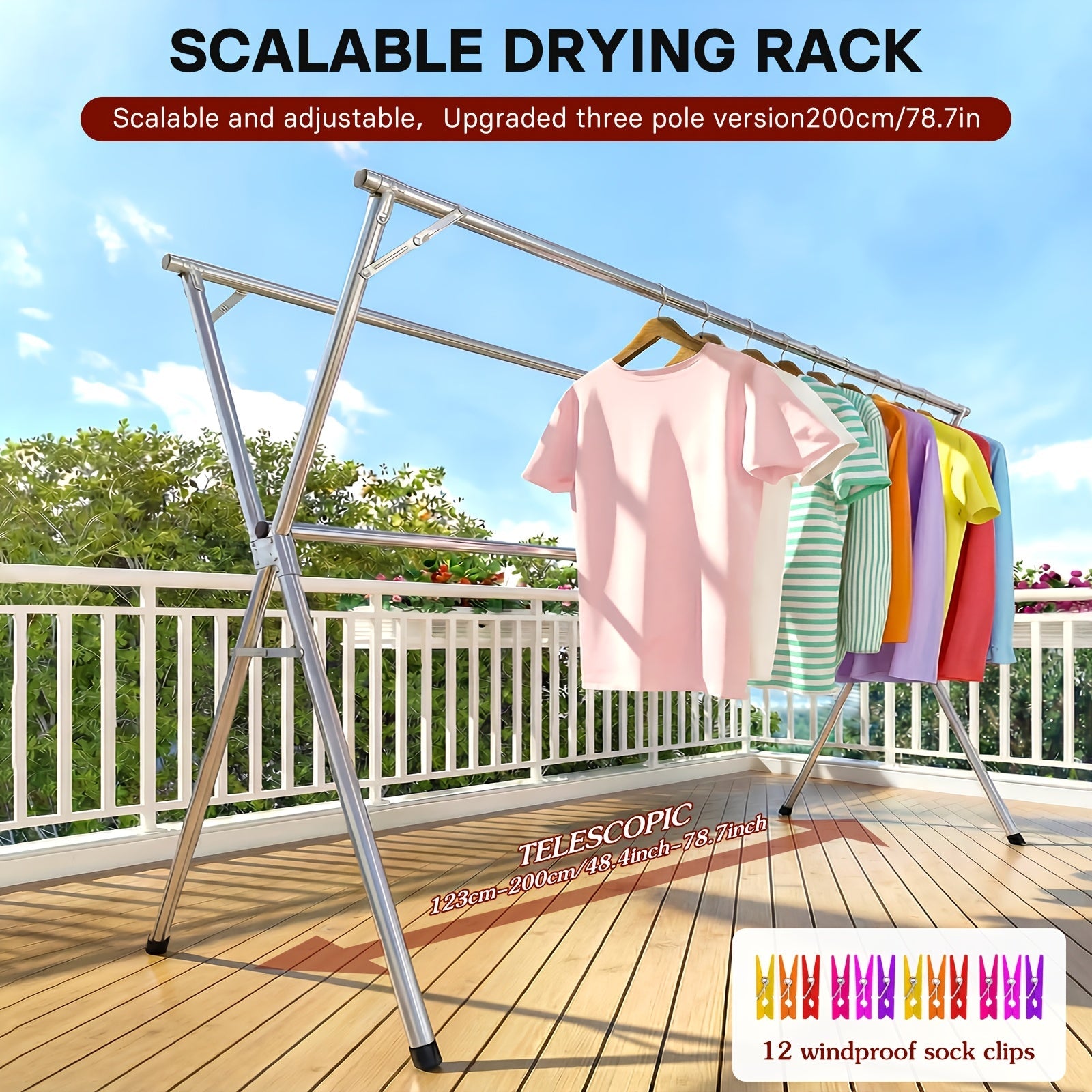 Clothes Drying Rack Collapsible Freestanding, Heavy Duty Stainless Steel Laundry Drying Rack Indoor Outdoor, Adjustable Garment Rack 63¡± & 79¡± with Clips
