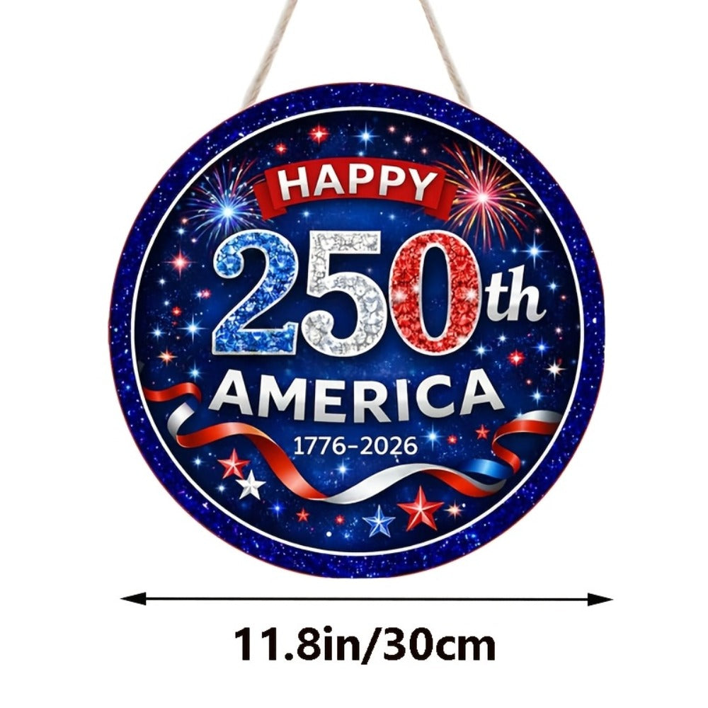 Patriotic Wooden Door Sign 250th Anniversary 1776-2026 Retro Round Wreath 4th of July Independence Day Hanging Decoration Home Porch Outdoor Wall Decor