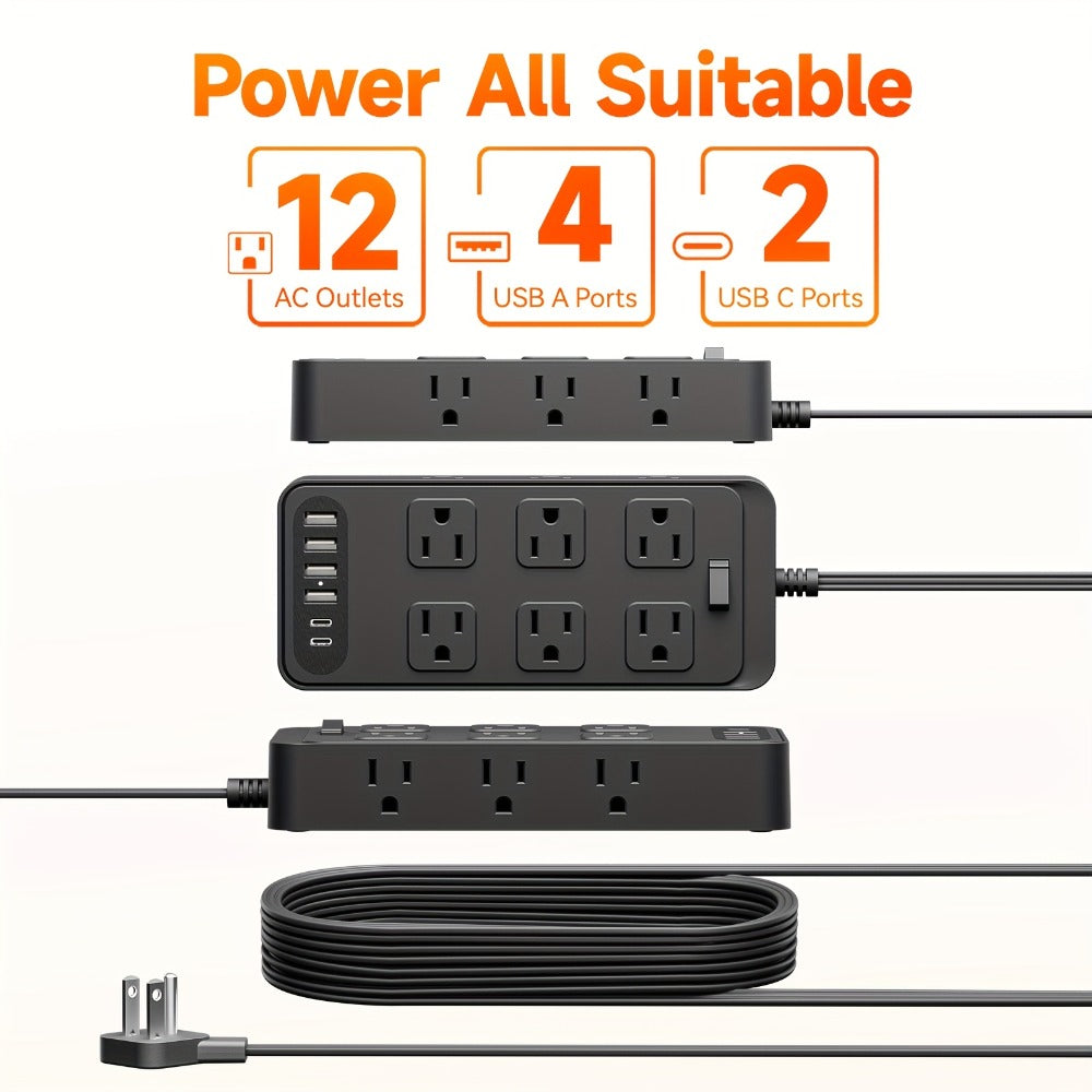 Charging Station Power Strip 18-in-1 with 12 AC Outlets 4 USB-A 2 USB-C Ports Surge Protector Flat Plug 5FT PVC Extension Cord Fire-Resistant for Home Office Travel Desk White Black