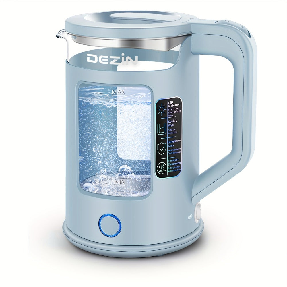 Glass Electric Kettle with Blue LED Light ¨C 1.5L Borosilicate Glass Water Boiler, Auto Shut-Off & Boil-Dry Protection, Fast Heating Hot Water Kettle for Tea & Coffee ¨C Azure, Black