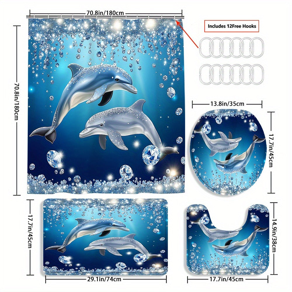 4pcs Dolphin Shower Curtain Set with Non-Slip Bath Mat, Toilet Rug & 12 Hooks ¨C Waterproof Bathroom Decor Gift Set