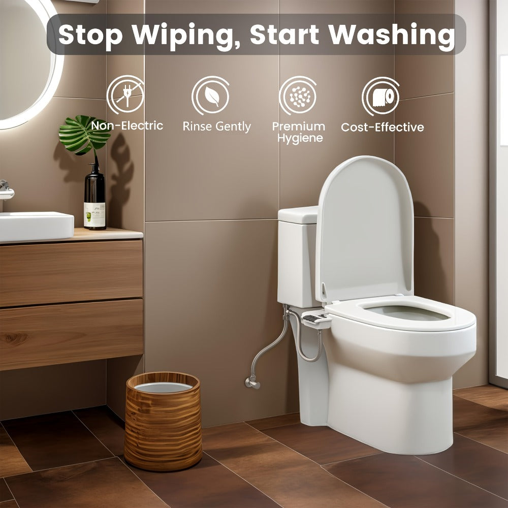 Bidet Attachment for Toilet - Dual Retractable Nozzle Non-Electric Self-Cleaning Fresh Water Bidet Sprayer, Adjustable Water Pressure, Fits Most Toilets, Brass T-Adapter & Metal Hose Included, Easy Install