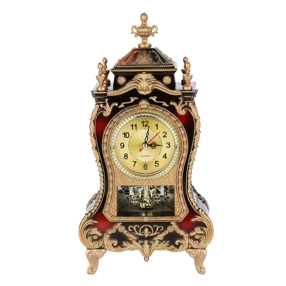 Vintage Desktop Alarm Clock with 12 Melodies European Style Decorative Table Clock for Living Room Bedroom Study Office Retro Burgundy Tabletop Clock 14 Inch