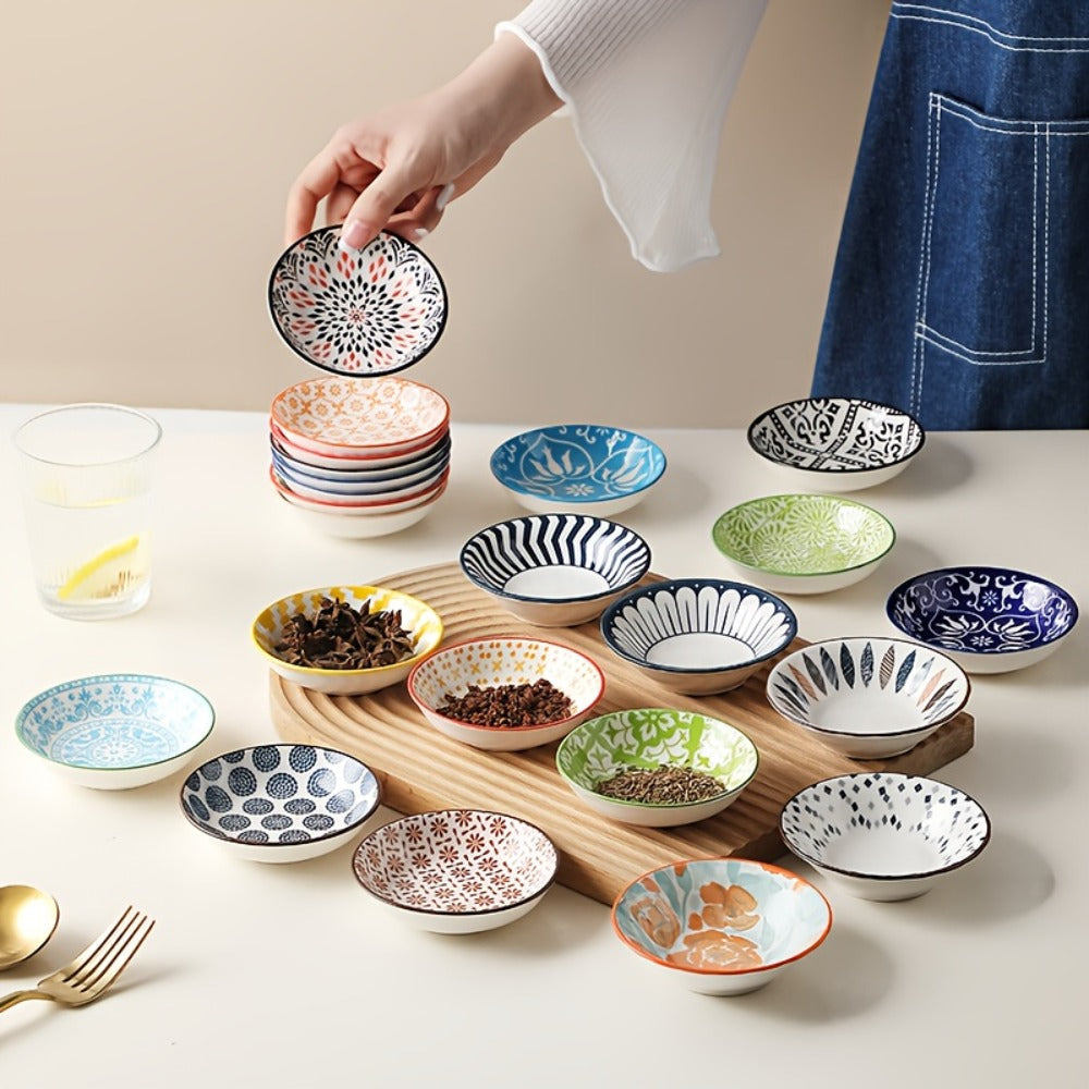 Dipping Sauce Dish Set 10/12 Piece Bohemian Ceramic ¨C Colorful Small Plates for Soy Sauce Vinegar Spices Condiments Sushi Bar Restaurant Kitchen Party Boho Snack Seasoning Plate