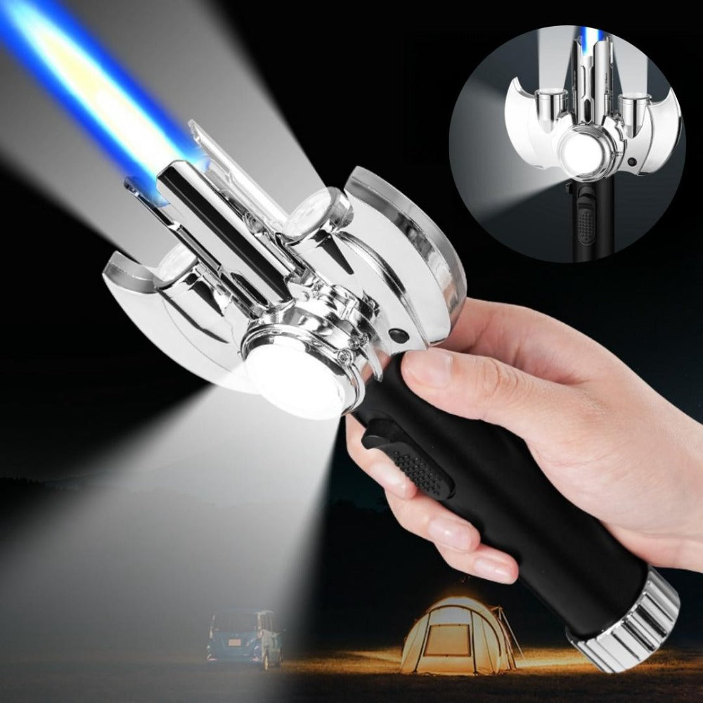 Torch Lighter Metal Jet Flame, Large Windproof Butane Torch with COB Light, High-Power Refillable Flamethrower for Barbecue, Baking, Camping, Moxibustion & Outdoor Use ¨C Black & Silver (Butane Not Included)