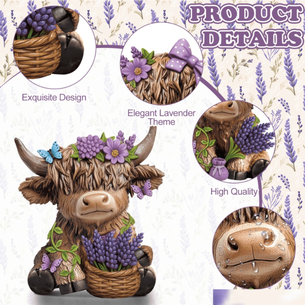 Scottish Highland Cow Figurines with Lavender - Resin Calf Statue Set of 2 for Home Garden Office Decor | Spring Table Centerpiece, Shelf Display & Housewarming Gift | Lavender-Themed Highland Cow Decor