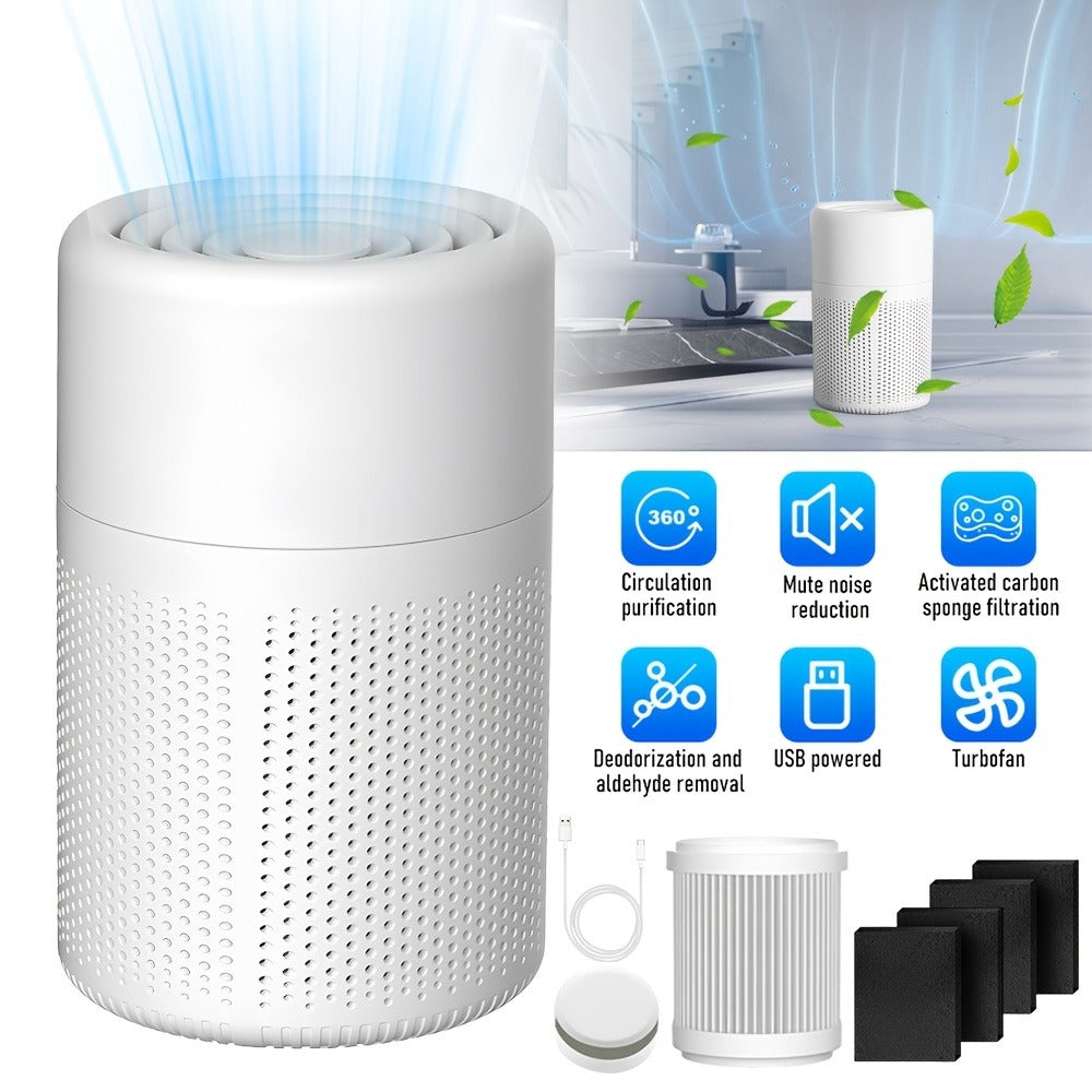 USB Negative Ion Air Purifier with Blue Light & Aromatherapy Box ¨C Removes Dust, Smoke, Formaldehyde, VOCs & PM2.5, Type-C Powered Desktop Air Cleaner for Bedroom, Office & Bathroom, 50 m3/h Airflow