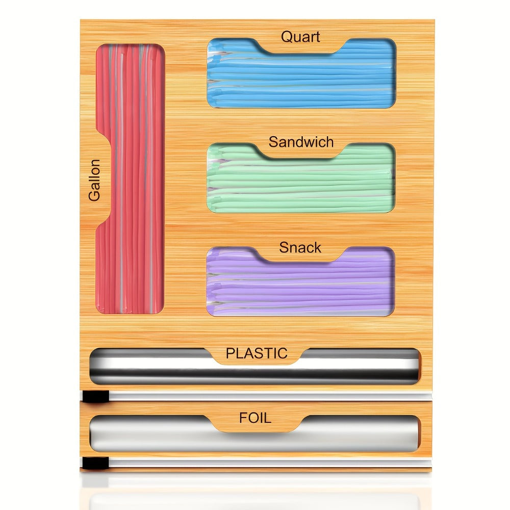 Bamboo Kitchen Organizer 6-in-1 - Aluminum Foil Plastic Wrap Dispenser with Cutter Ziplock Bag Organizer for Kitchen Drawer Gallon Quart Sandwich Snack Bags Storage