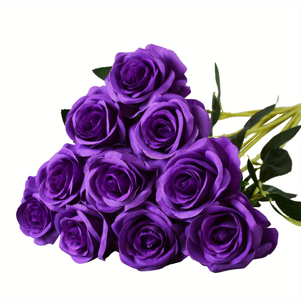 10pcs Artificial Silk Roses Bulk - Fake Flowers for Wedding Home Decor, 19.69¡± Long Stem, Deep Purple & Dark Green